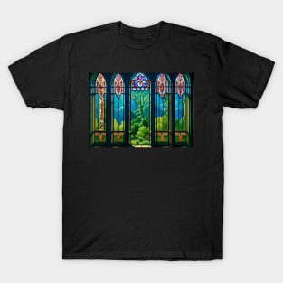 Stained Glass Window Overlooking Nature Scene T-Shirt